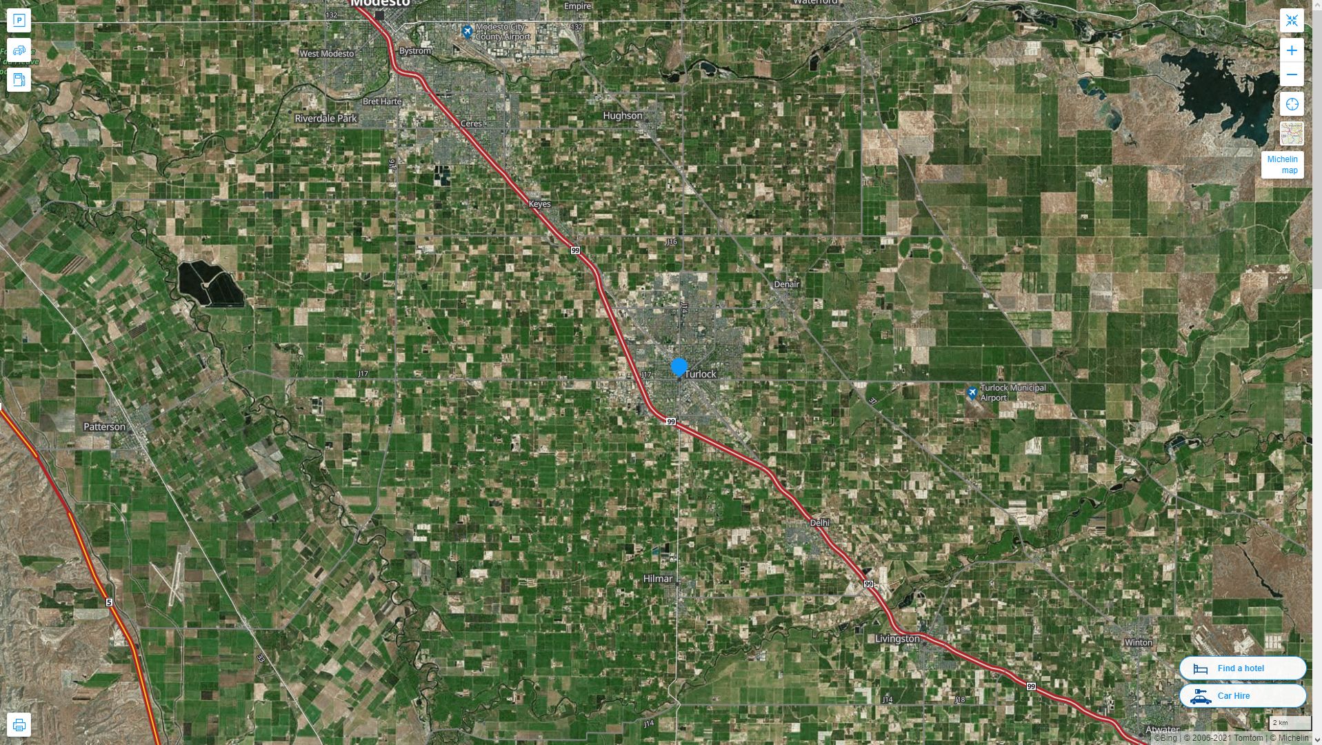 Turlock California Highway and Road Map with Satellite View